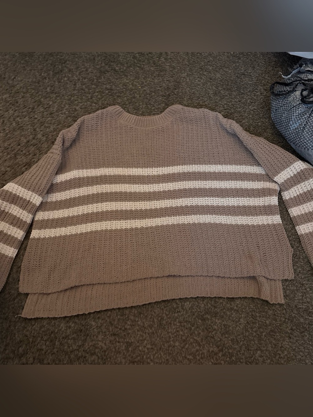 Kohl's Taupe and White Striped Crewneck Sweater - Women